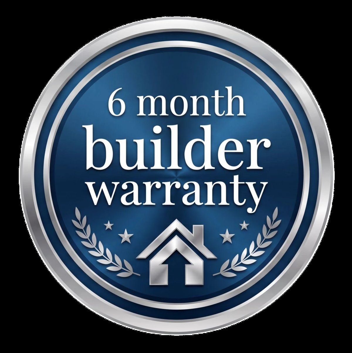 Circular blue badge with silver border displaying 6 month builder warranty with house icon and laurel wreaths