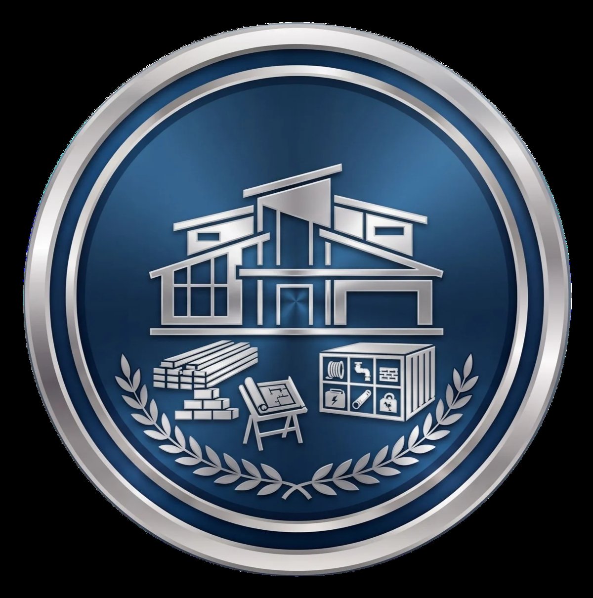 Circular blue and silver badge featuring a modern house with construction tools, materials, and laurel wreaths symbolizing building and construction