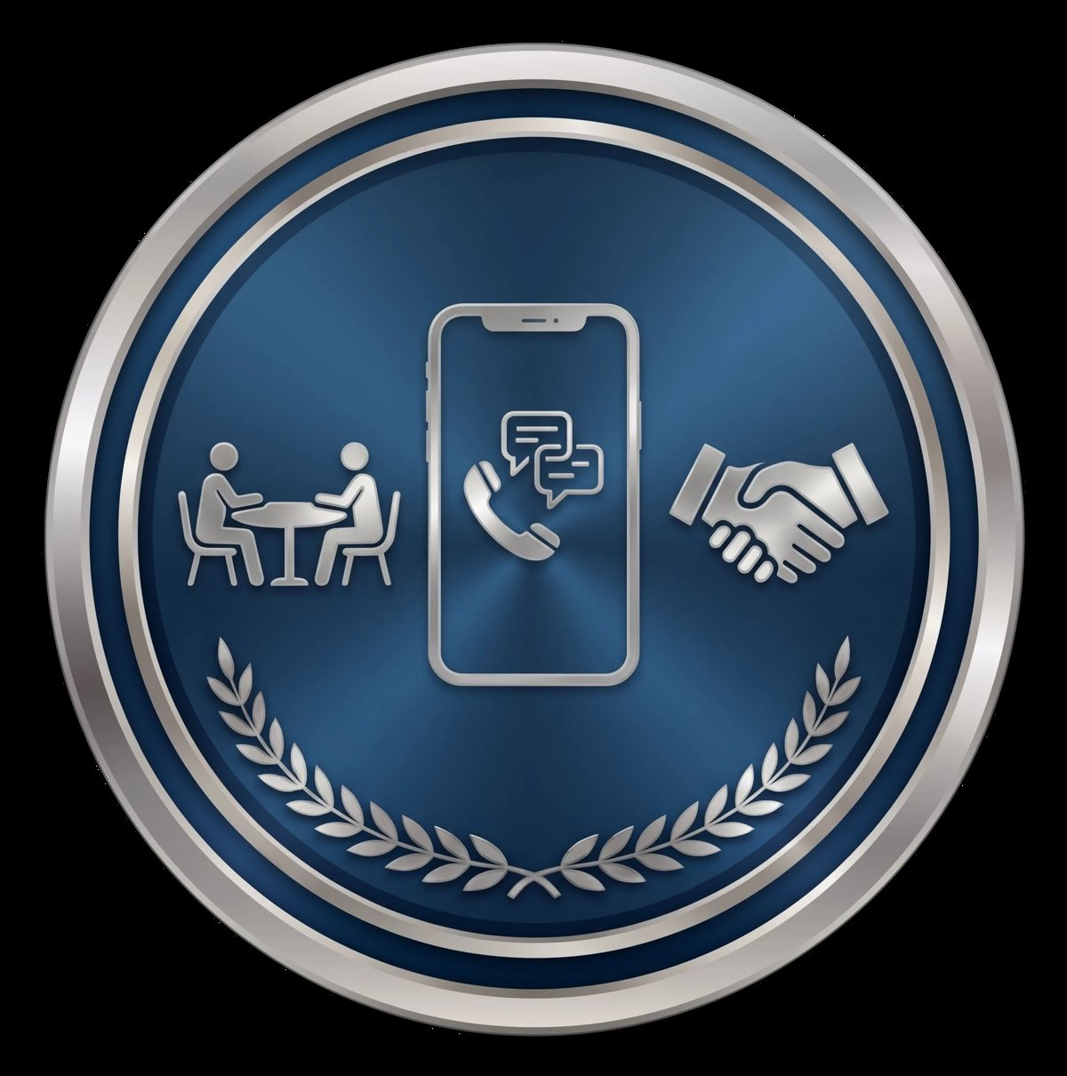 Digital communication badge with phone icon in center surrounded by icons representing meetings, messaging, and handshake, with decorative laurel wreath border